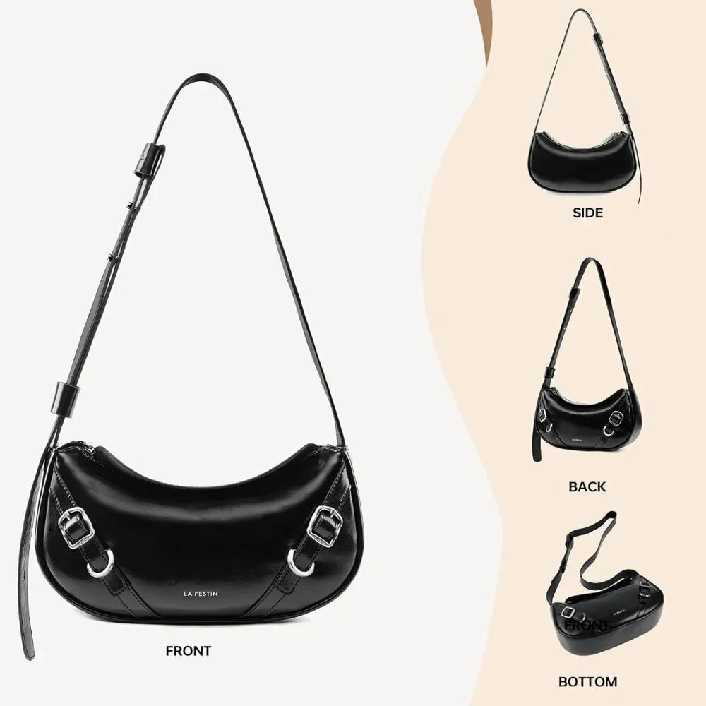 Women Onyx Black Soft Leather and polyester Hobo Bag with Adjustable Strap